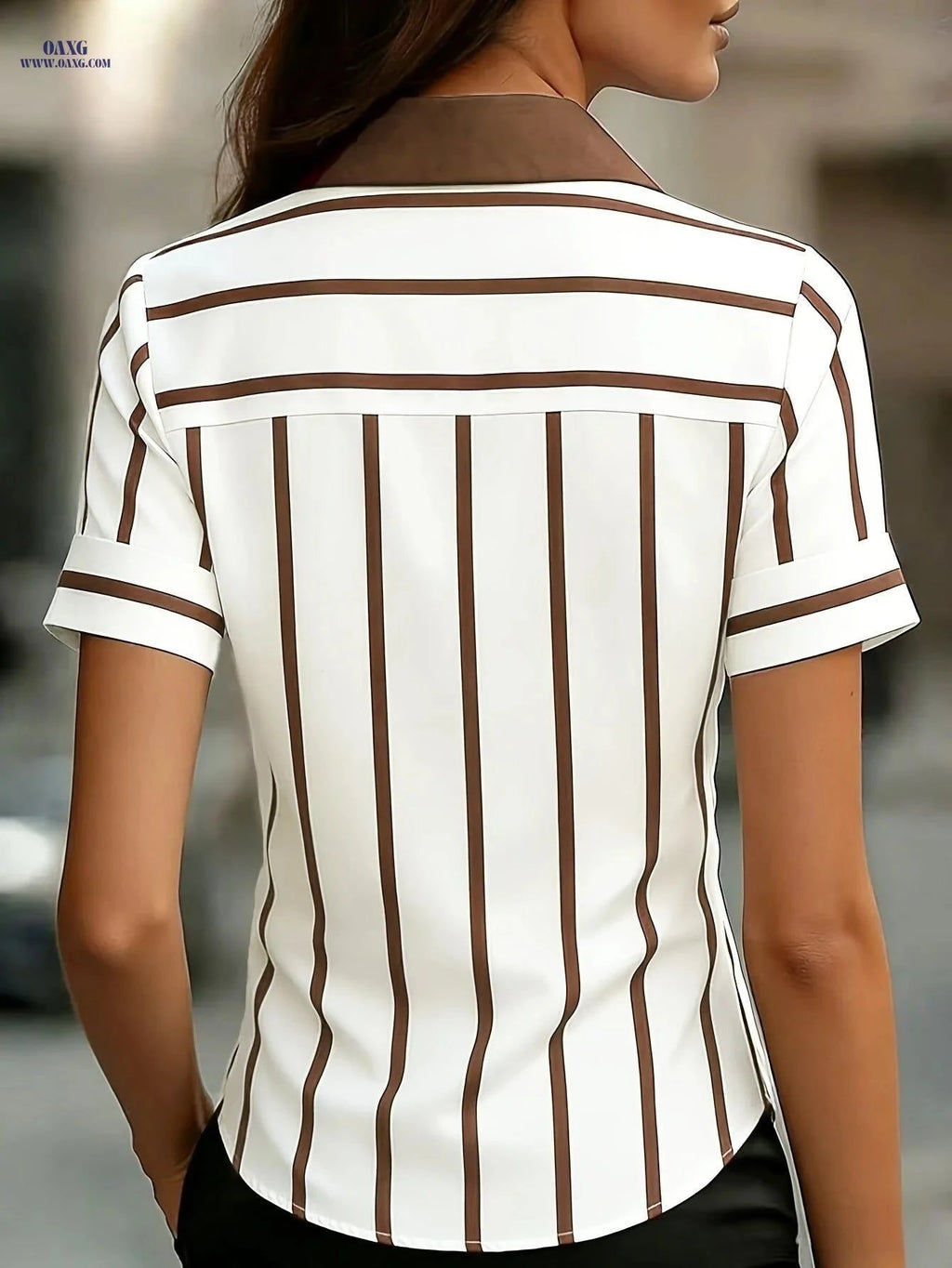 Elegant Striped Short-Sleeve Shirt for Women - Perfect Summer Wear   OAXG Coffee Brown / S