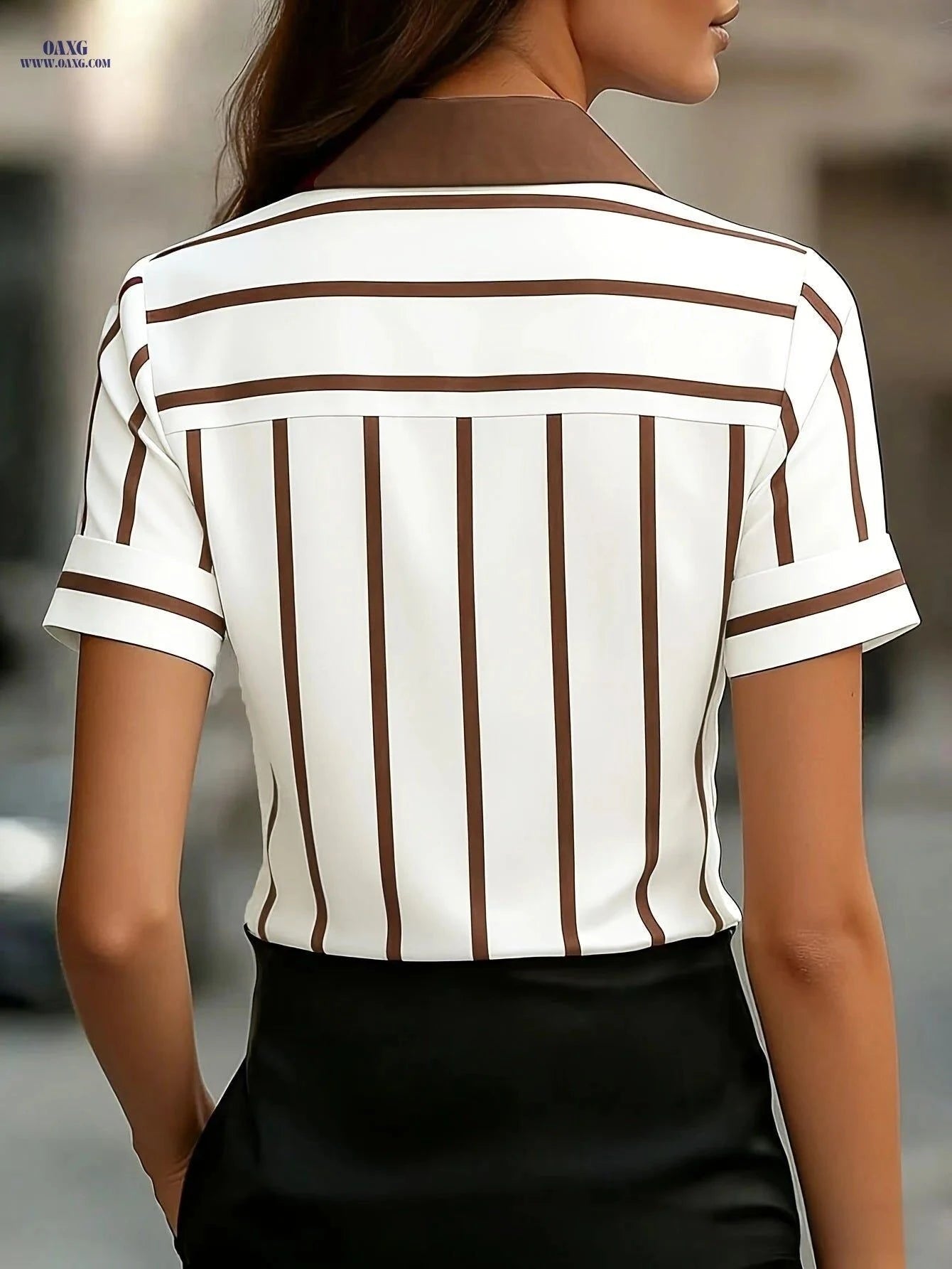 Elegant Striped Short-Sleeve Shirt for Women - Perfect Summer Wear   OAXG Coffee Brown / S