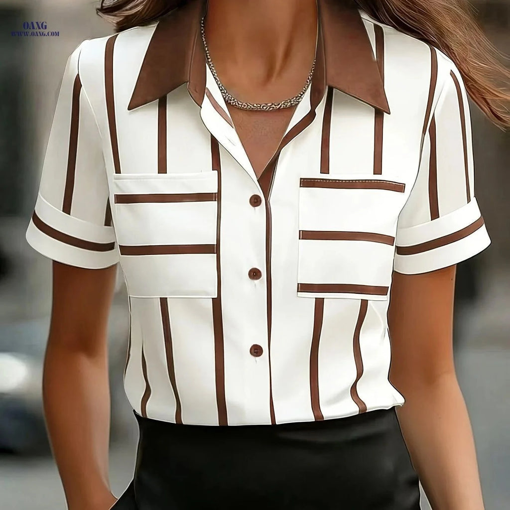 Elegant Striped Short-Sleeve Shirt for Women - Perfect Summer Wear   OAXG Coffee Brown / S