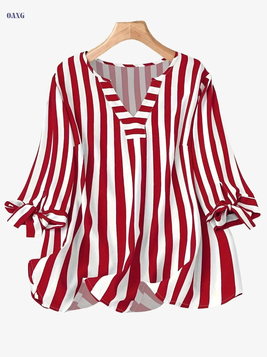 Elegant Striped V-Neck Blouse with 3/4 Sleeve Lace Up Cuffs   OAXG 