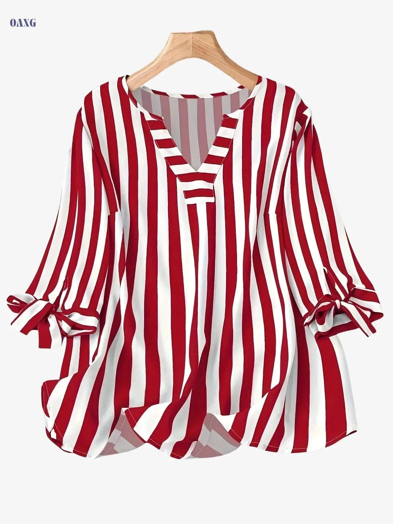Elegant Striped V-Neck Blouse with 3/4 Sleeve Lace Up Cuffs   OAXG 