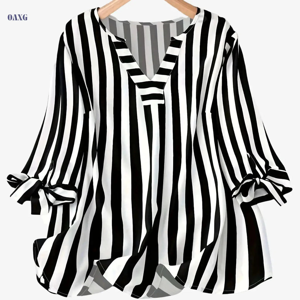 Elegant Striped V-Neck Blouse with 3/4 Sleeve Lace Up Cuffs   OAXG Black / S