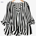 Elegant Striped V-Neck Blouse with 3/4 Sleeve Lace Up Cuffs   OAXG Black / S