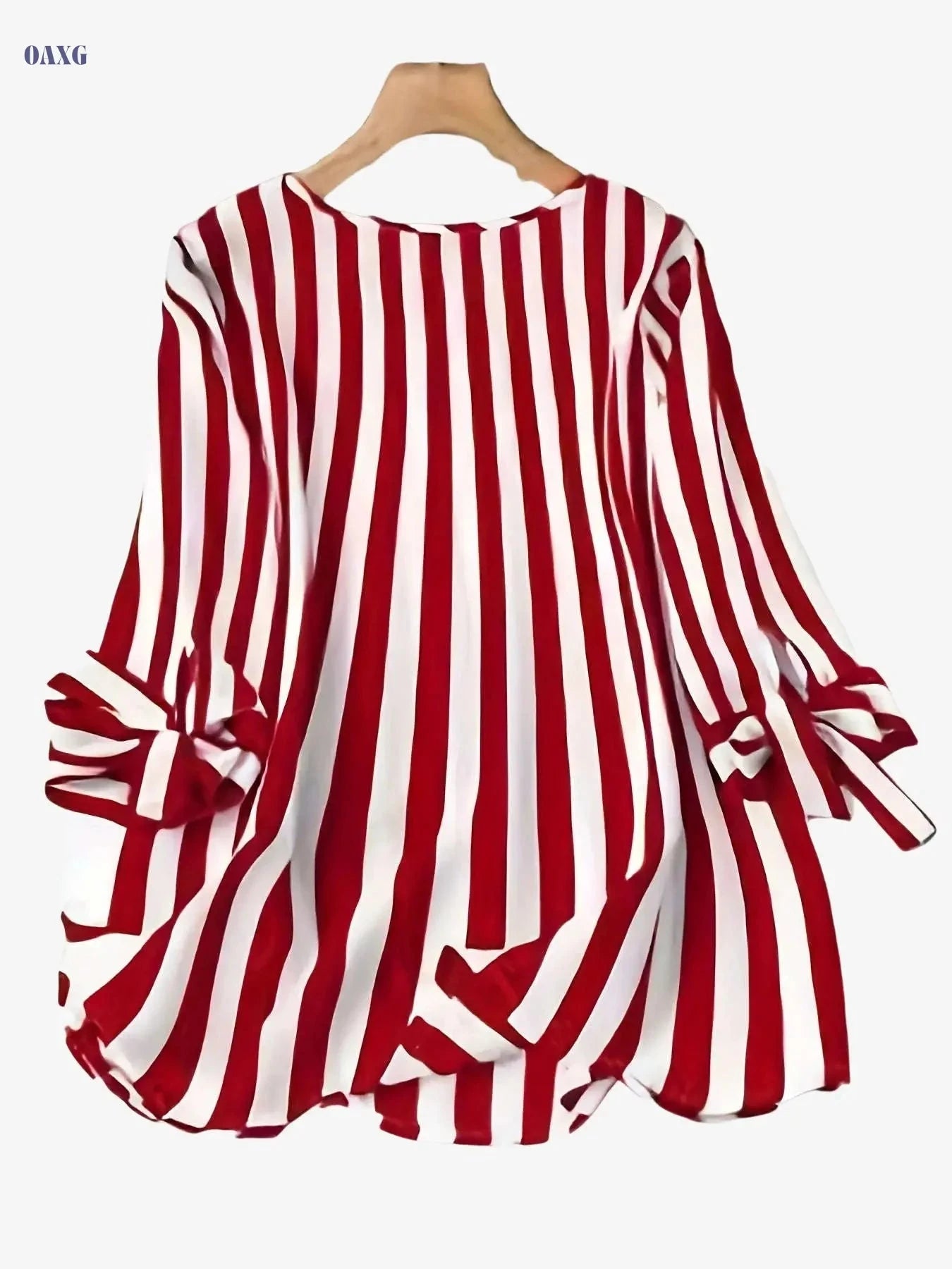 Elegant Striped V-Neck Blouse with 3/4 Sleeve Lace Up Cuffs   OAXG Black / S