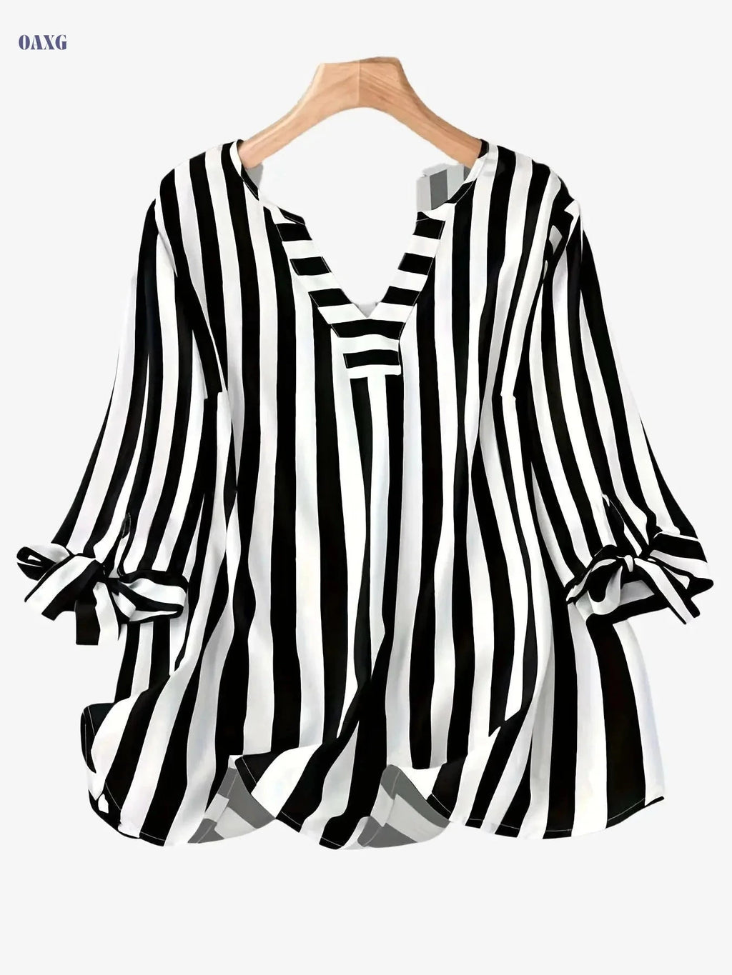 Elegant Striped V-Neck Blouse with 3/4 Sleeve Lace Up Cuffs   OAXG 