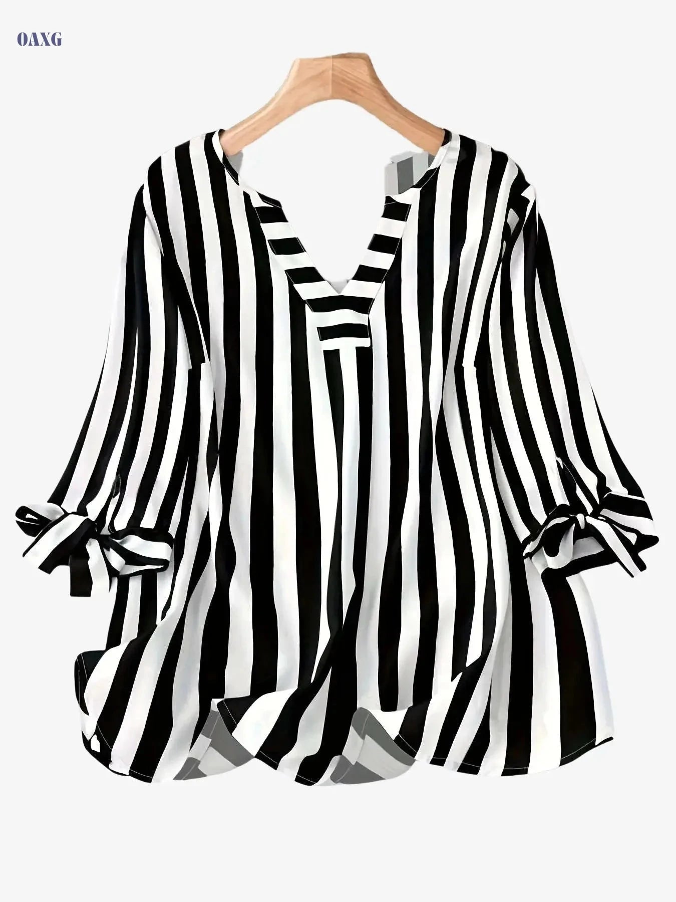 Elegant Striped V-Neck Blouse with 3/4 Sleeve Lace Up Cuffs   OAXG 
