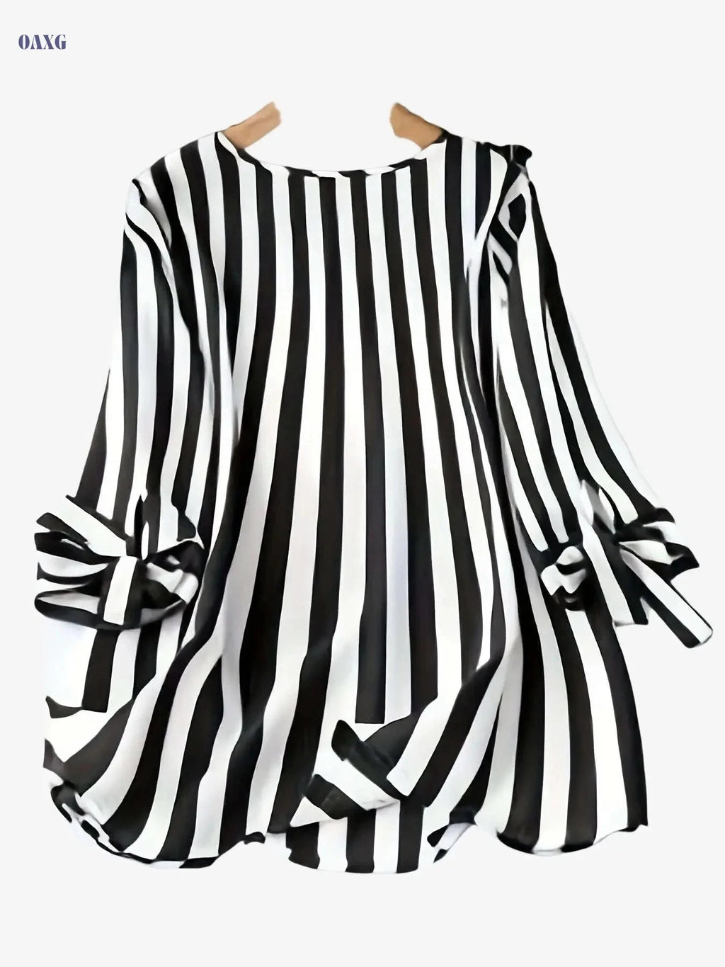 Elegant Striped V-Neck Blouse with 3/4 Sleeve Lace Up Cuffs   OAXG 