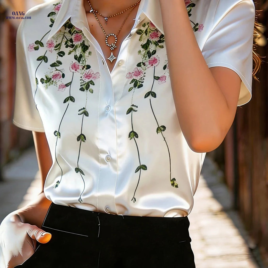 Elegant Summer Floral Print Blouse - Women's Short Sleeve Shirt   OAXG White / S
