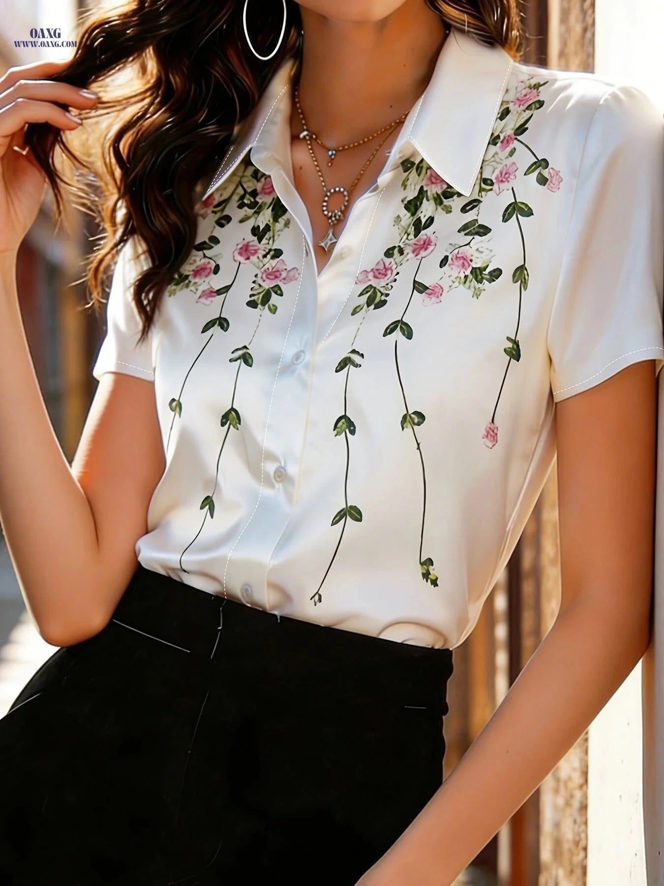 Elegant Summer Floral Print Blouse - Women's Short Sleeve Shirt   OAXG White / S