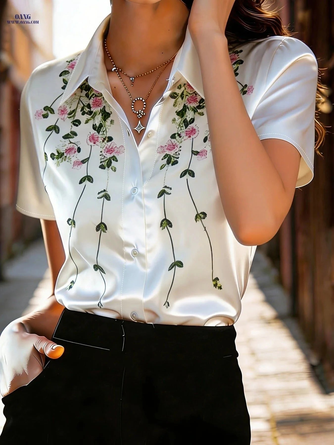 Elegant Summer Floral Print Blouse - Women's Short Sleeve Shirt   OAXG White / S