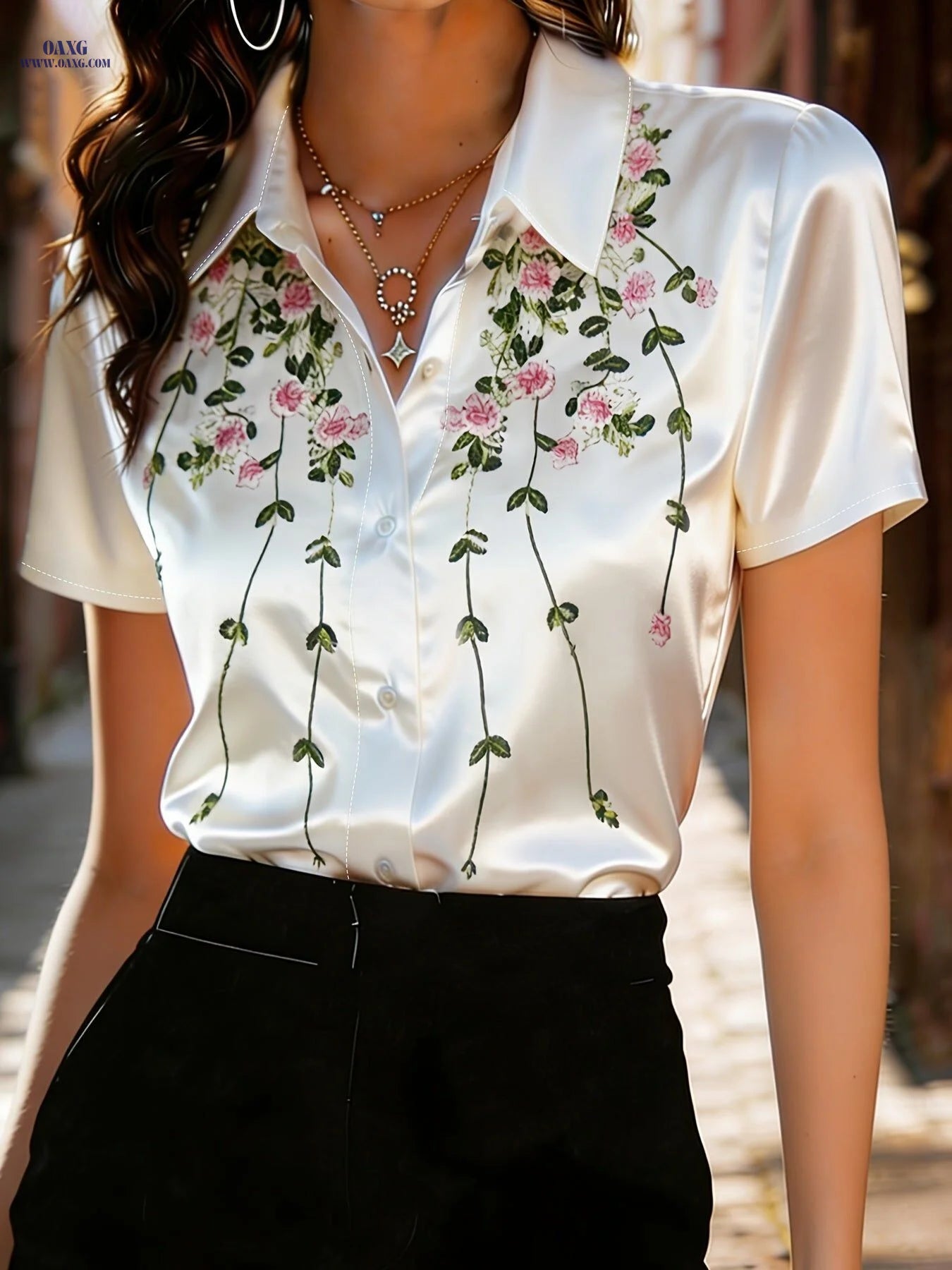 2026 New Summer Women'S Temperament Satin Floral Print Short Sleeve Blouse with Lapel And Buttons, Elegant Commuter Style Fashion Shirt Top Women'S Clothing   OAXG White / S