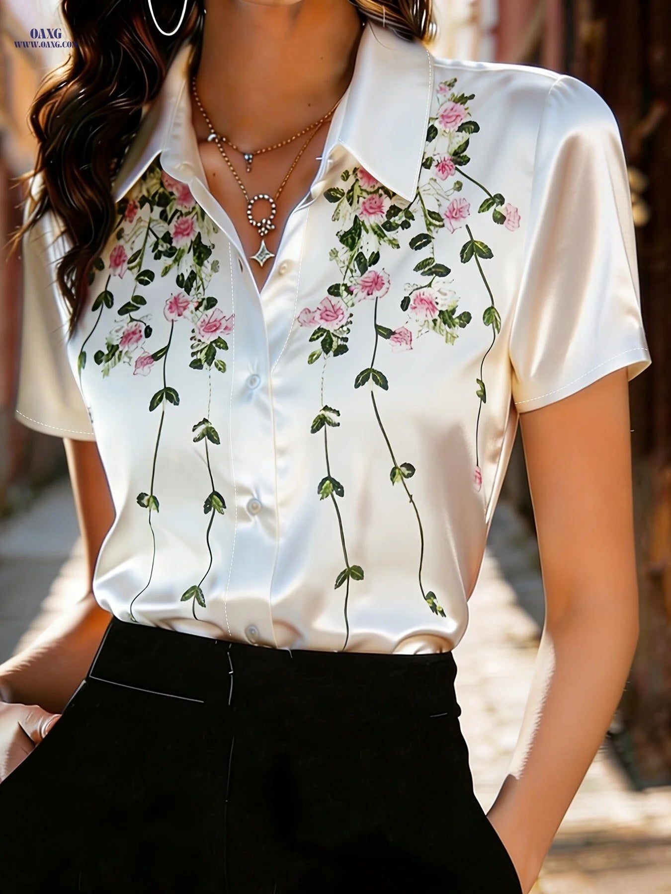 2026 New Summer Women'S Temperament Satin Floral Print Short Sleeve Blouse with Lapel And Buttons, Elegant Commuter Style Fashion Shirt Top Women'S Clothing   OAXG White / S