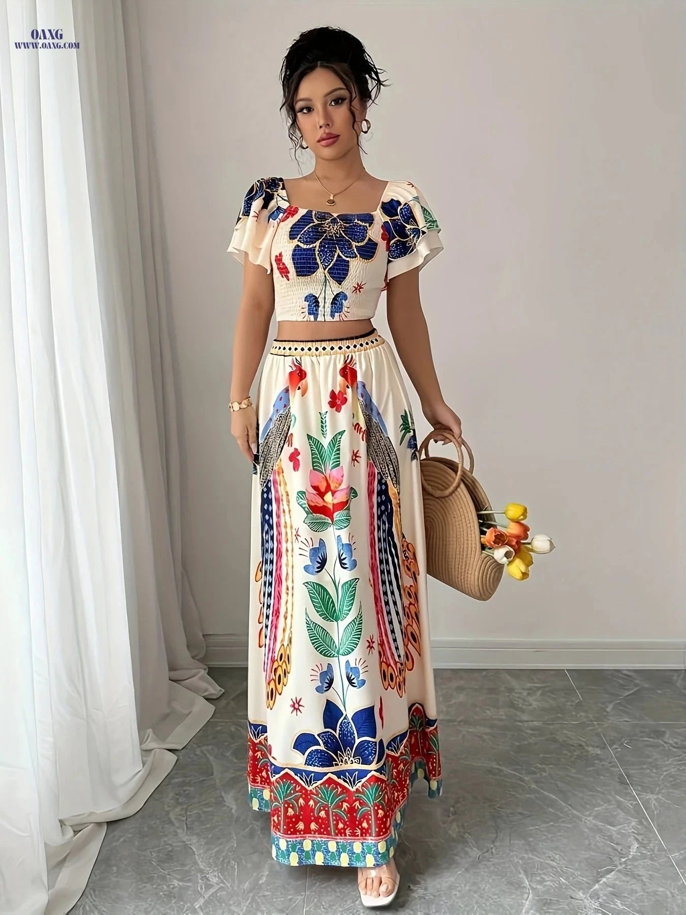 Elegant Summer Floral Print Maxi Skirt Set - Square Neck Design   OAXG 