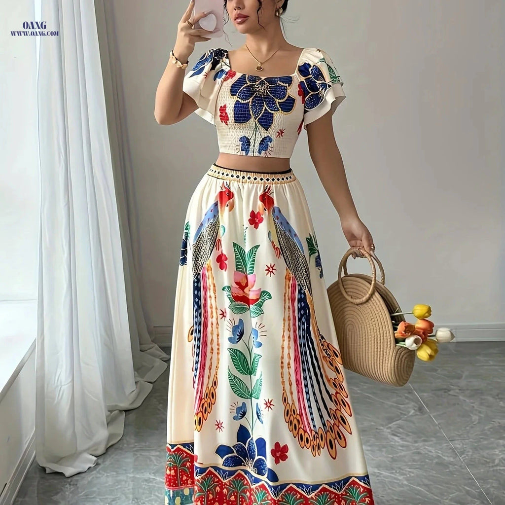 Elegant Summer Floral Print Maxi Skirt Set - Square Neck Design   OAXG Multicolor / S