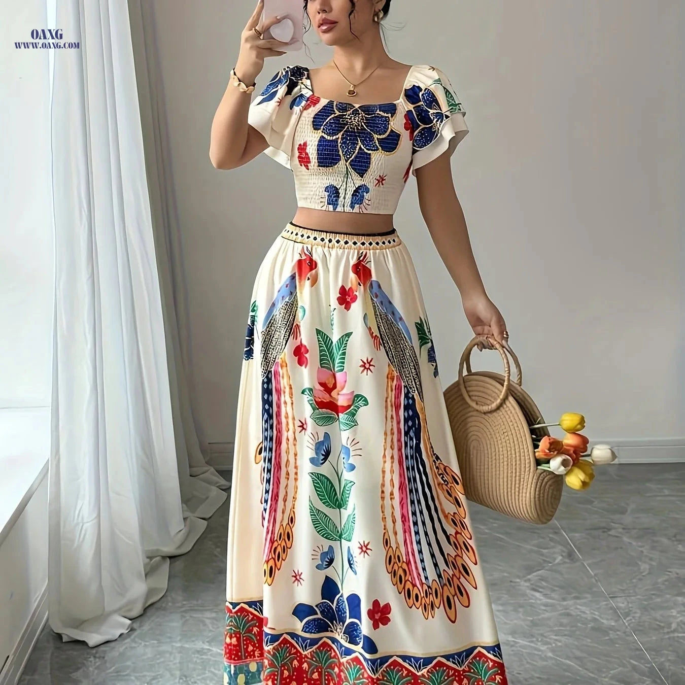 Elegant Summer Floral Print Maxi Skirt Set - Square Neck Design   OAXG Multicolor / S