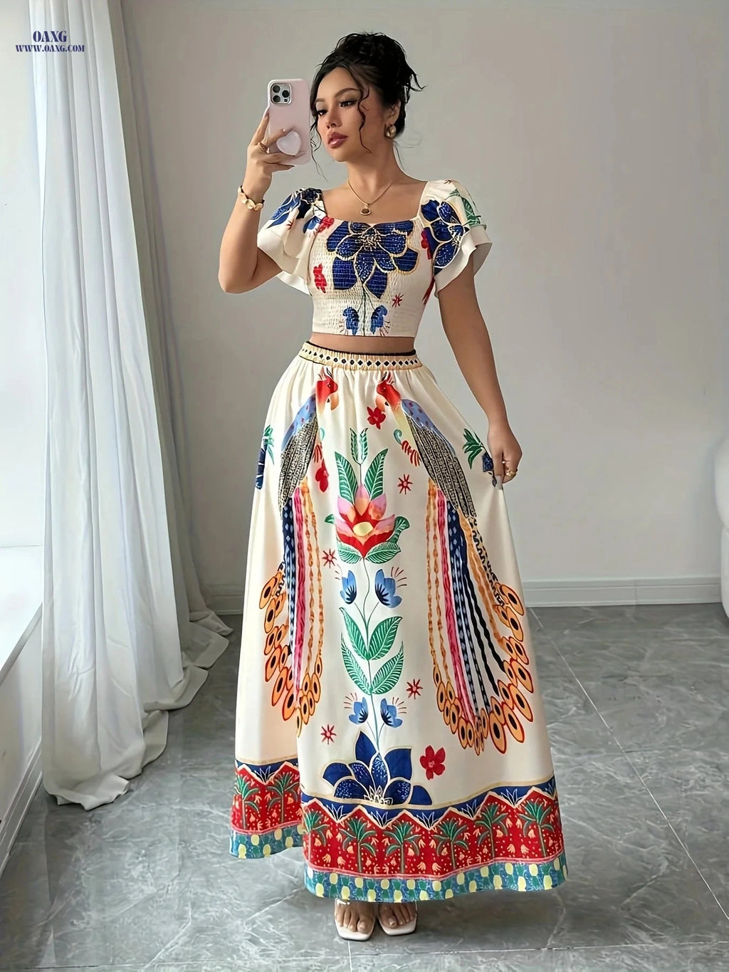 Elegant Summer Floral Print Maxi Skirt Set - Square Neck Design   OAXG Multicolor / S