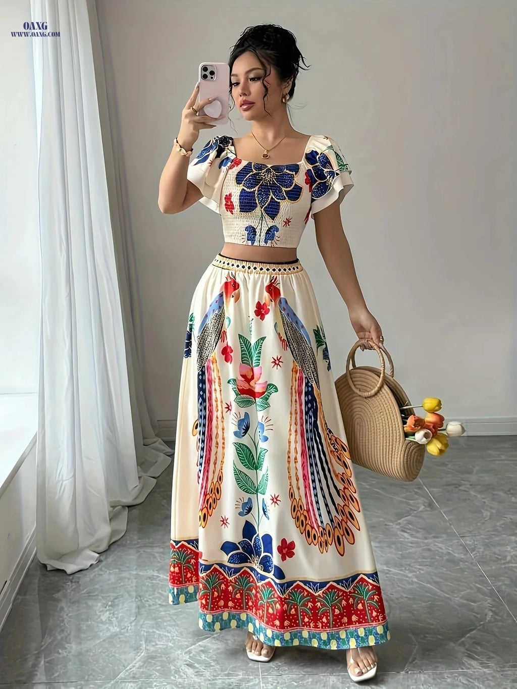 Elegant Summer Floral Print Maxi Skirt Set - Square Neck Design   OAXG Multicolor / S