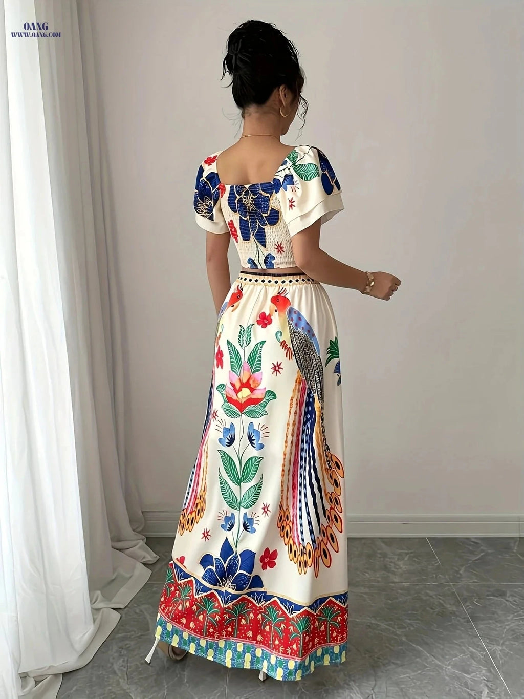 Elegant Summer Floral Print Maxi Skirt Set - Square Neck Design   OAXG Multicolor / S