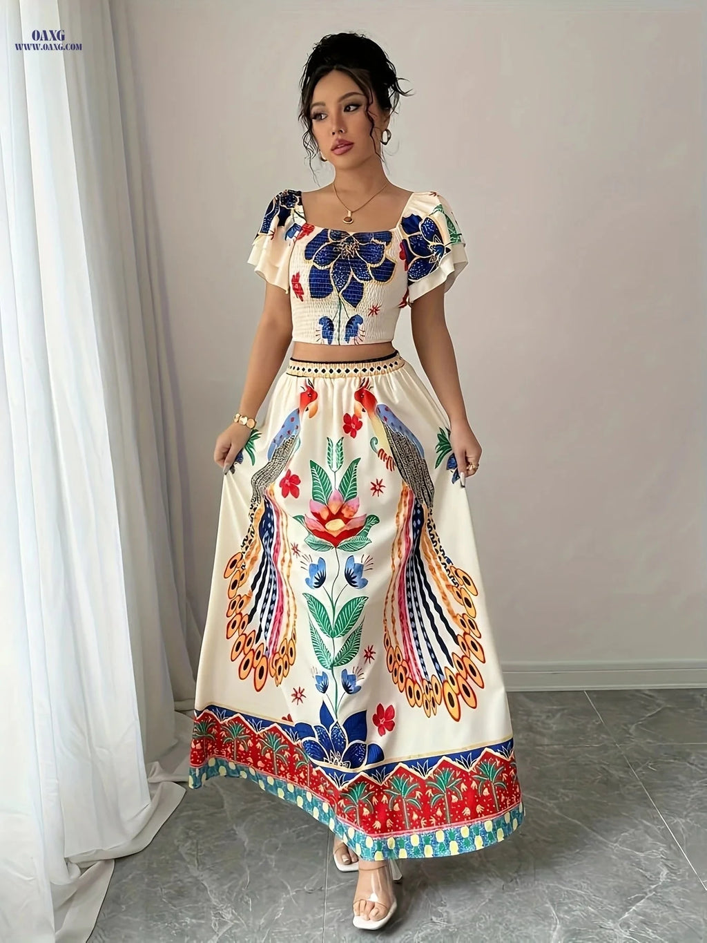 Elegant Summer Floral Print Maxi Skirt Set - Square Neck Design   OAXG 