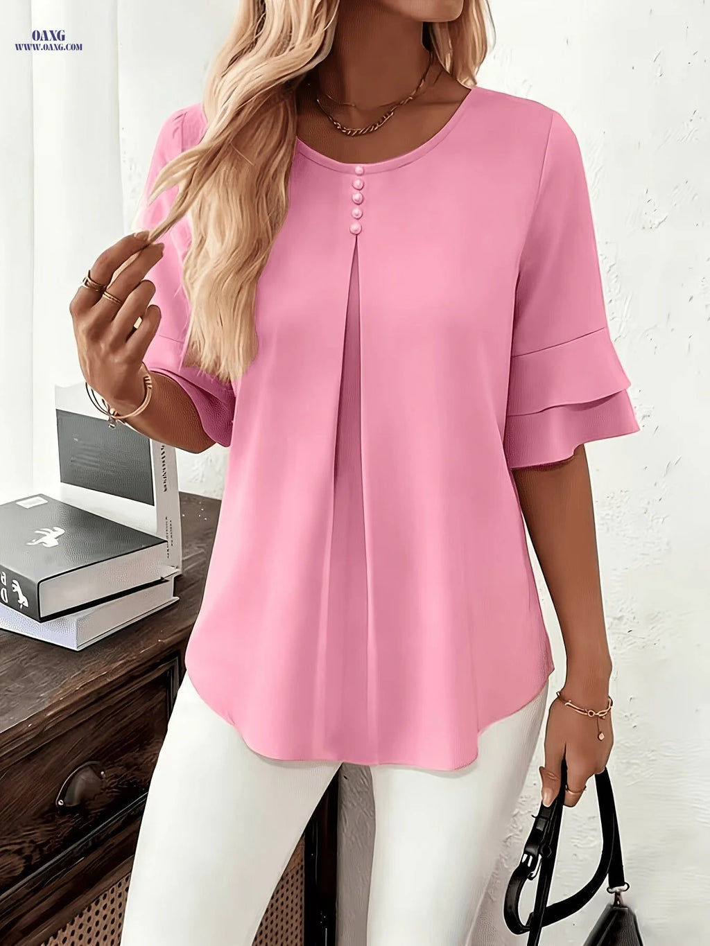 Elegant Fashion Summer Loose Solid Round Neck Button-Up Shirt Flared Sleeve Ruffle Top   OAXG Light Blue / M