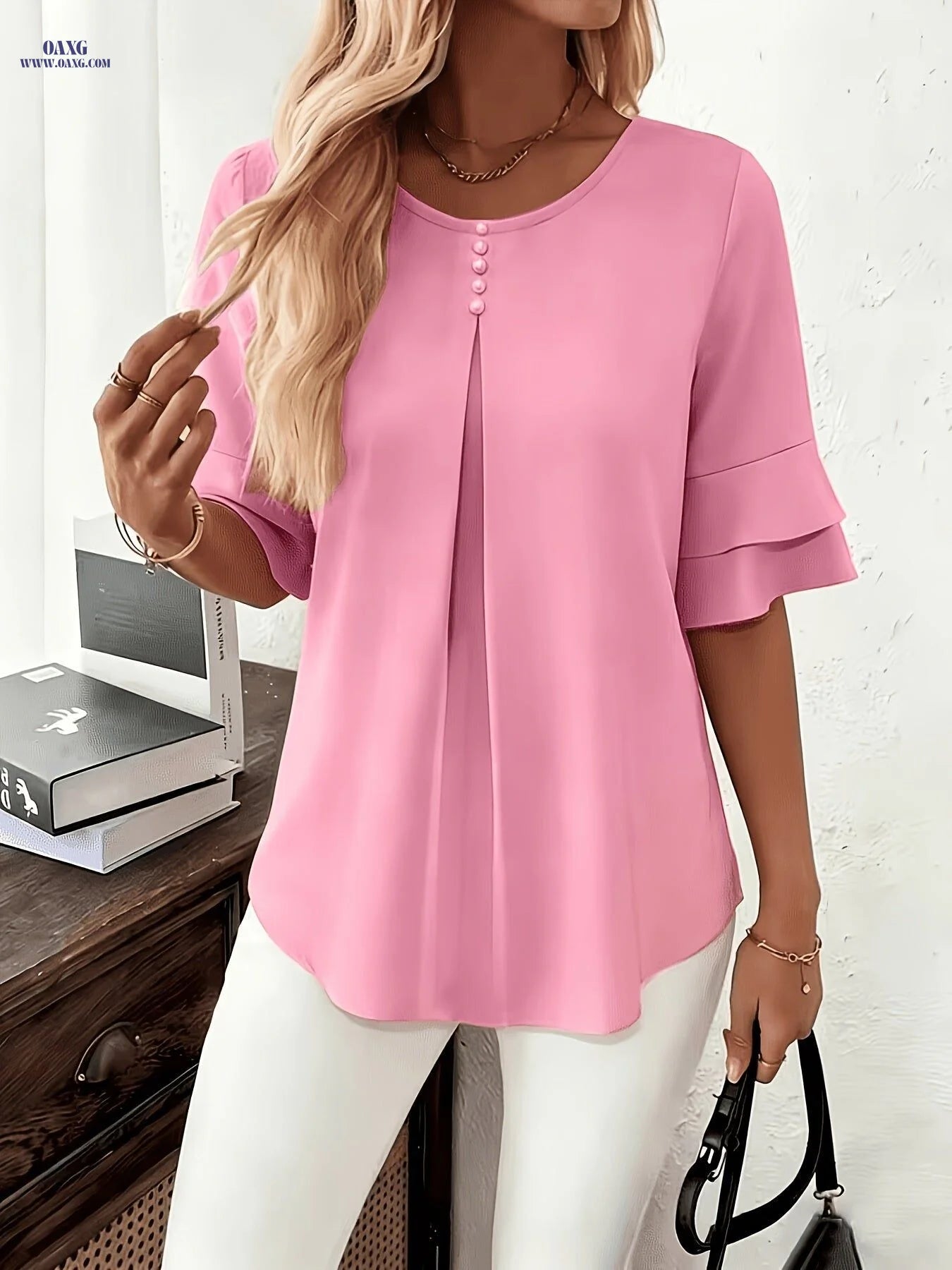 Elegant Fashion Summer Loose Solid Round Neck Button-Up Shirt Flared Sleeve Ruffle Top   OAXG Light Blue / M
