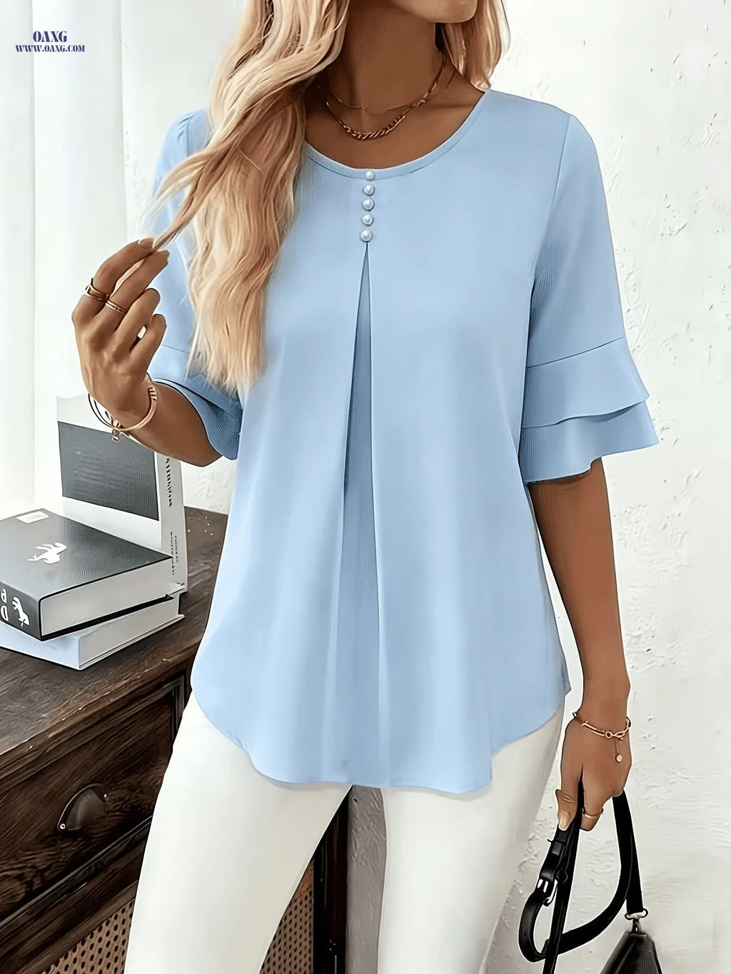 Elegant Fashion Summer Loose Solid Round Neck Button-Up Shirt Flared Sleeve Ruffle Top   OAXG Light Blue / M
