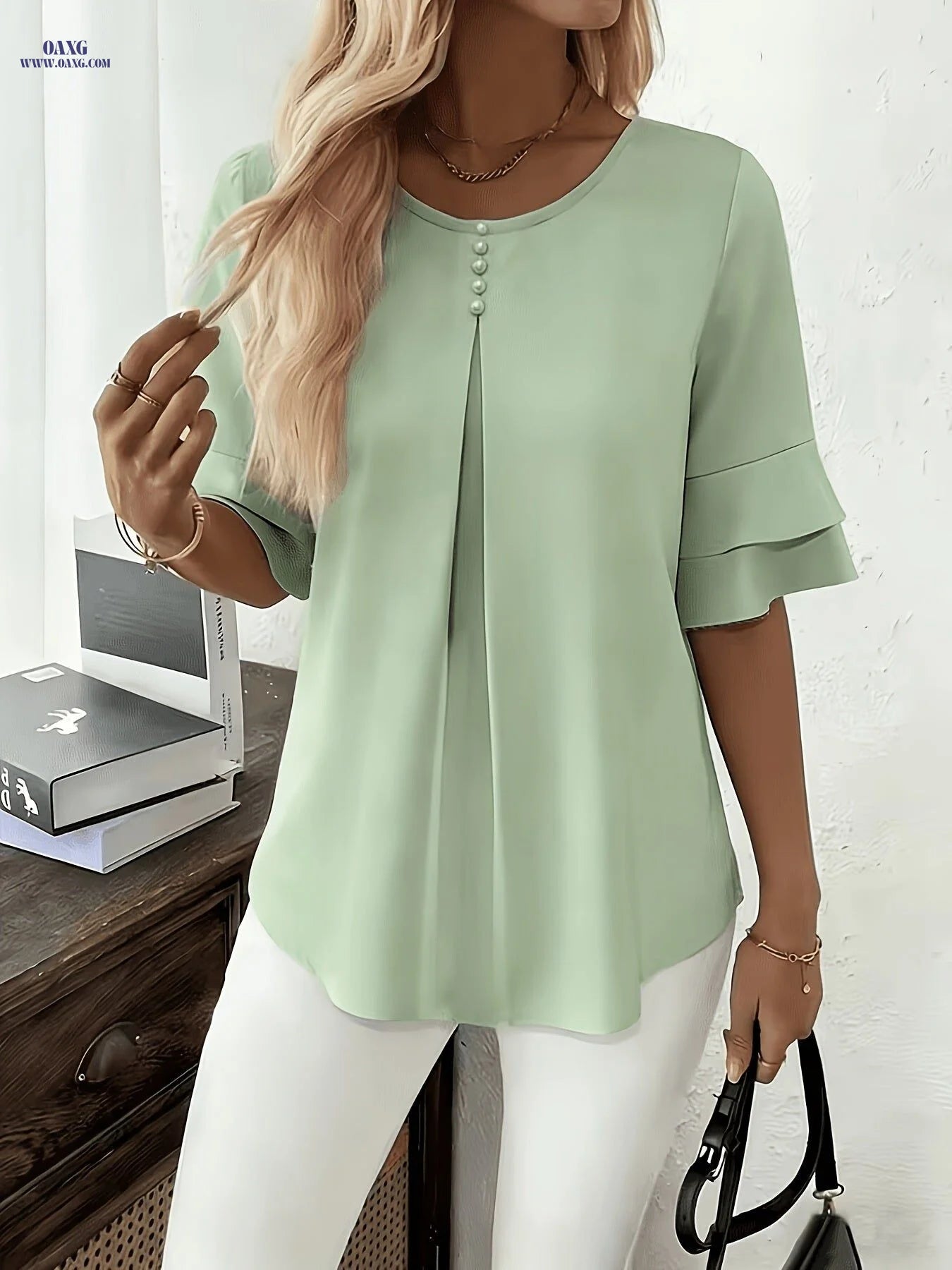 Elegant Fashion Summer Loose Solid Round Neck Button-Up Shirt Flared Sleeve Ruffle Top   OAXG Light Blue / M