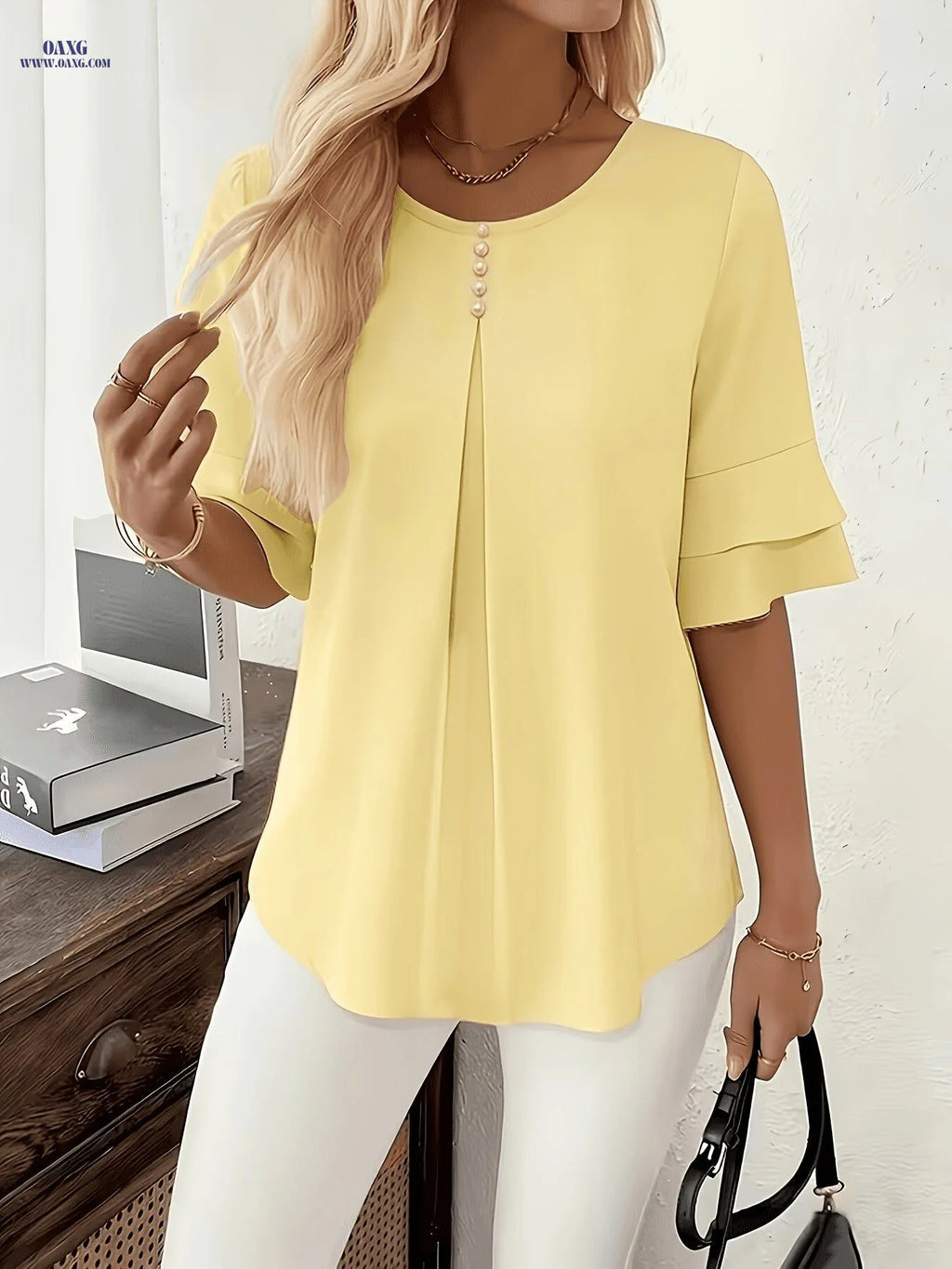 Elegant Fashion Summer Loose Solid Round Neck Button-Up Shirt Flared Sleeve Ruffle Top   OAXG Light Blue / M