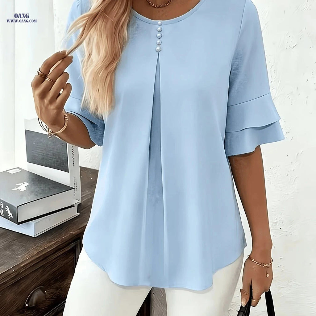 Elegant Summer Loose Button-Up Shirt - Flared Ruffle Sleeve Top   OAXG Light Blue / M
