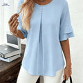 Elegant Summer Loose Button-Up Shirt - Flared Ruffle Sleeve Top   OAXG Light Blue / M