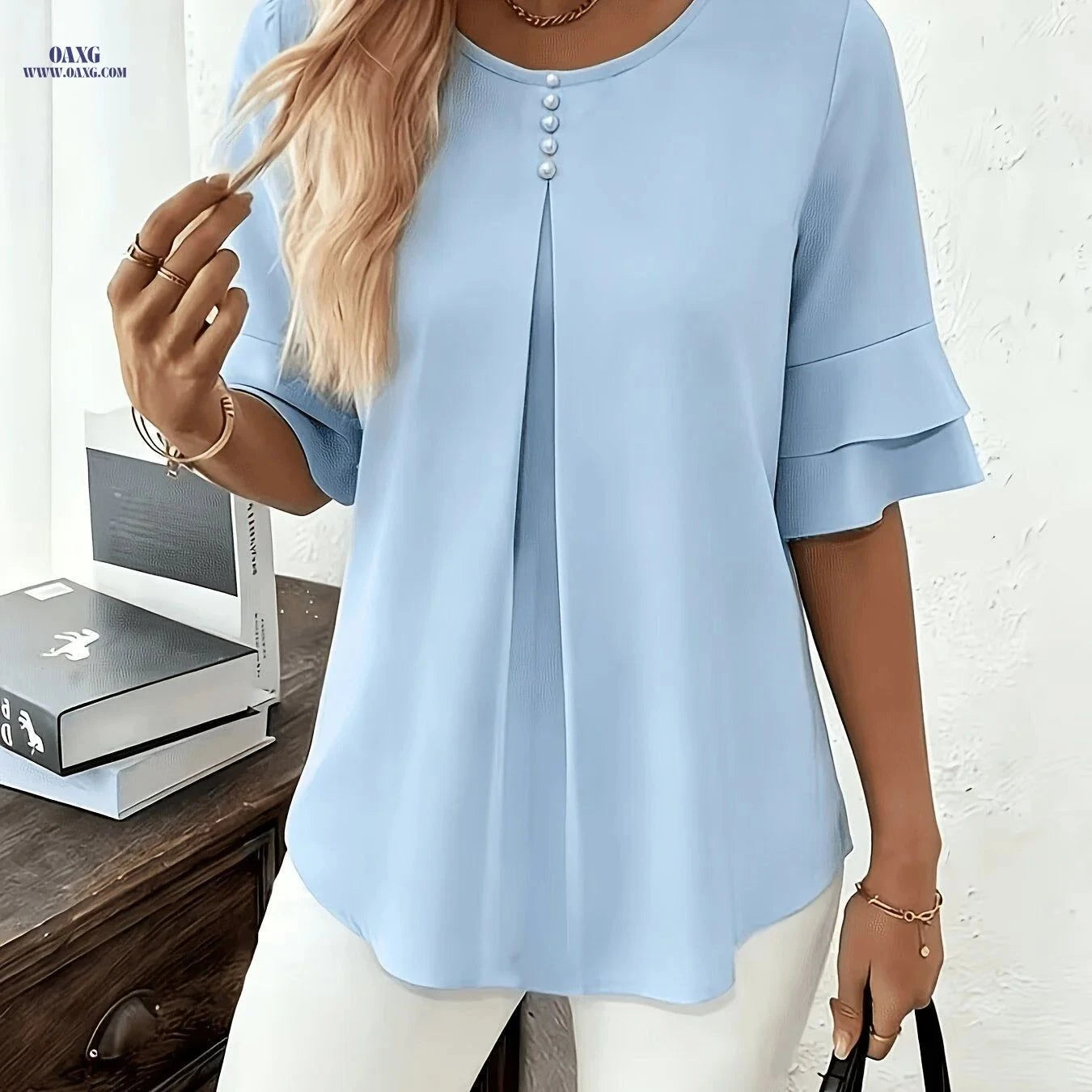 Elegant Summer Loose Button-Up Shirt - Flared Ruffle Sleeve Top   OAXG Light Blue / M