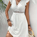 Elegant Summer V-Neck Dress - Lightweight A-Line with Lace Detail   OAXG White / S