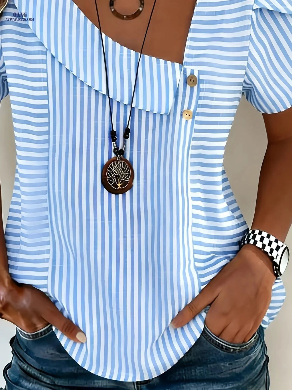 Elegant Summer Vacation Commuter Shirt - 100% Polyester Striped Design   OAXG Blue / S