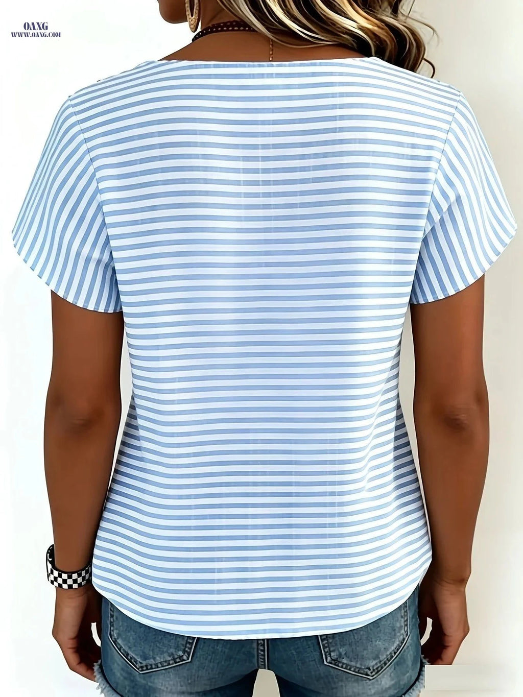 Elegant Summer Vacation Commuter Shirt - 100% Polyester Striped Design   OAXG Blue / S