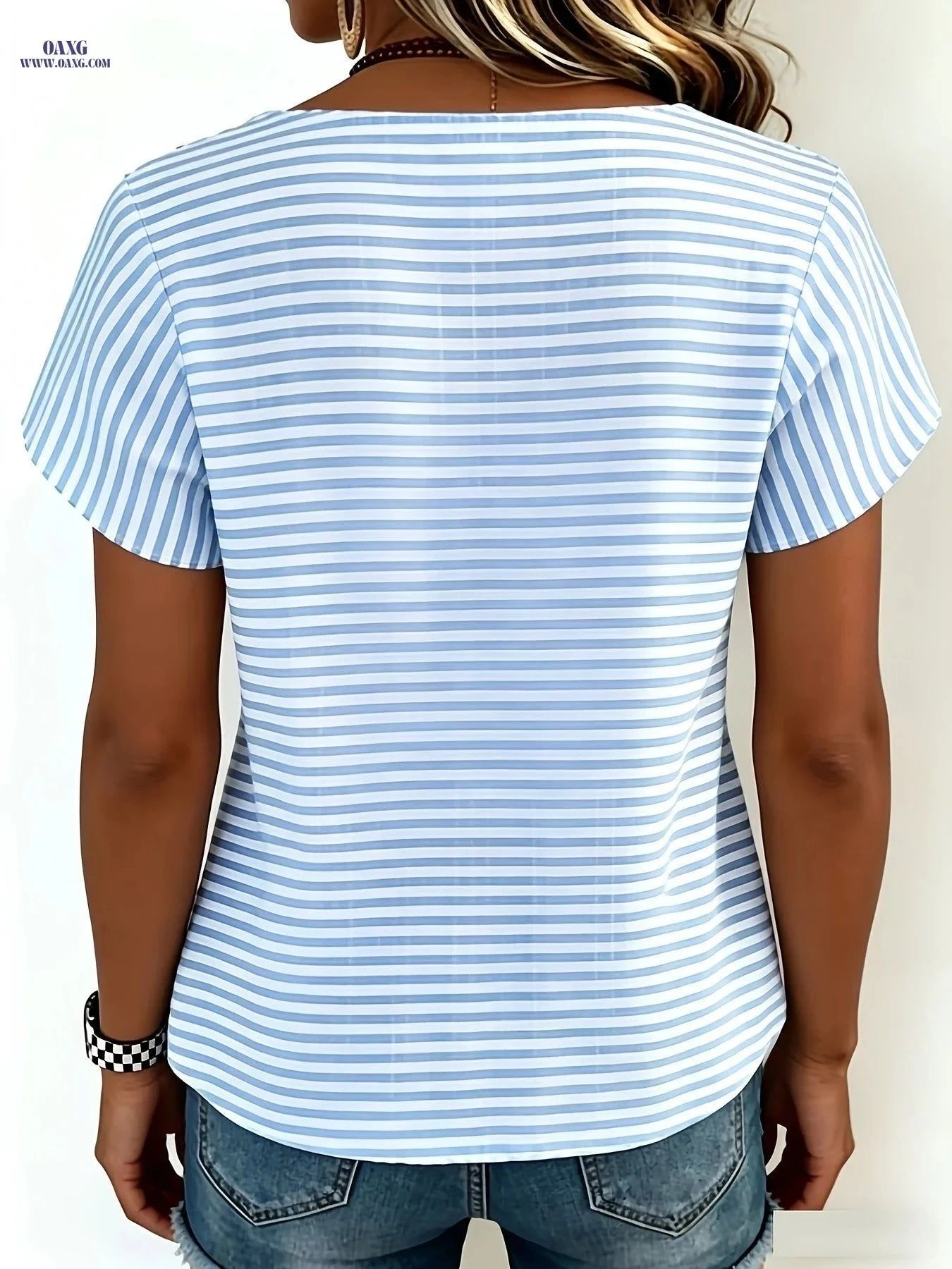 Elegant Summer Vacation Commuter Shirt - 100% Polyester Striped Design   OAXG Blue / S