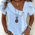 Elegant Summer Vacation Commuter Shirt - 100% Polyester Striped Design   OAXG Blue / S