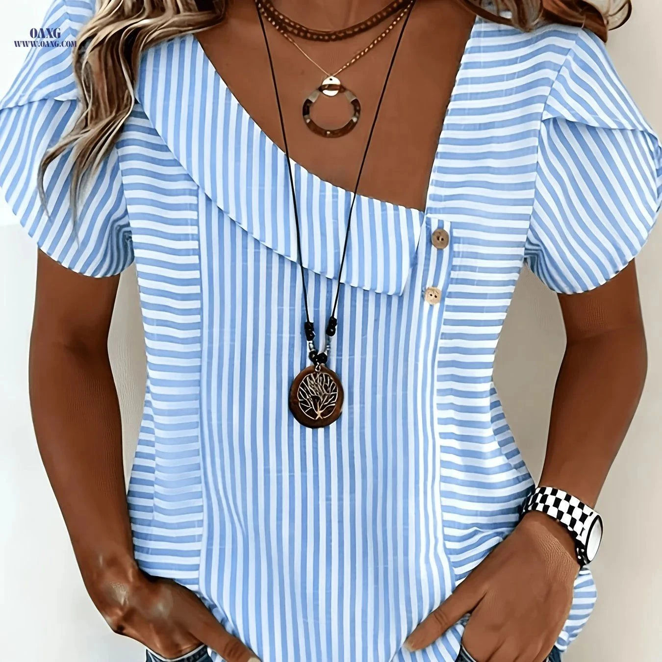 Elegant Summer Vacation Commuter Shirt - 100% Polyester Striped Design   OAXG Blue / S