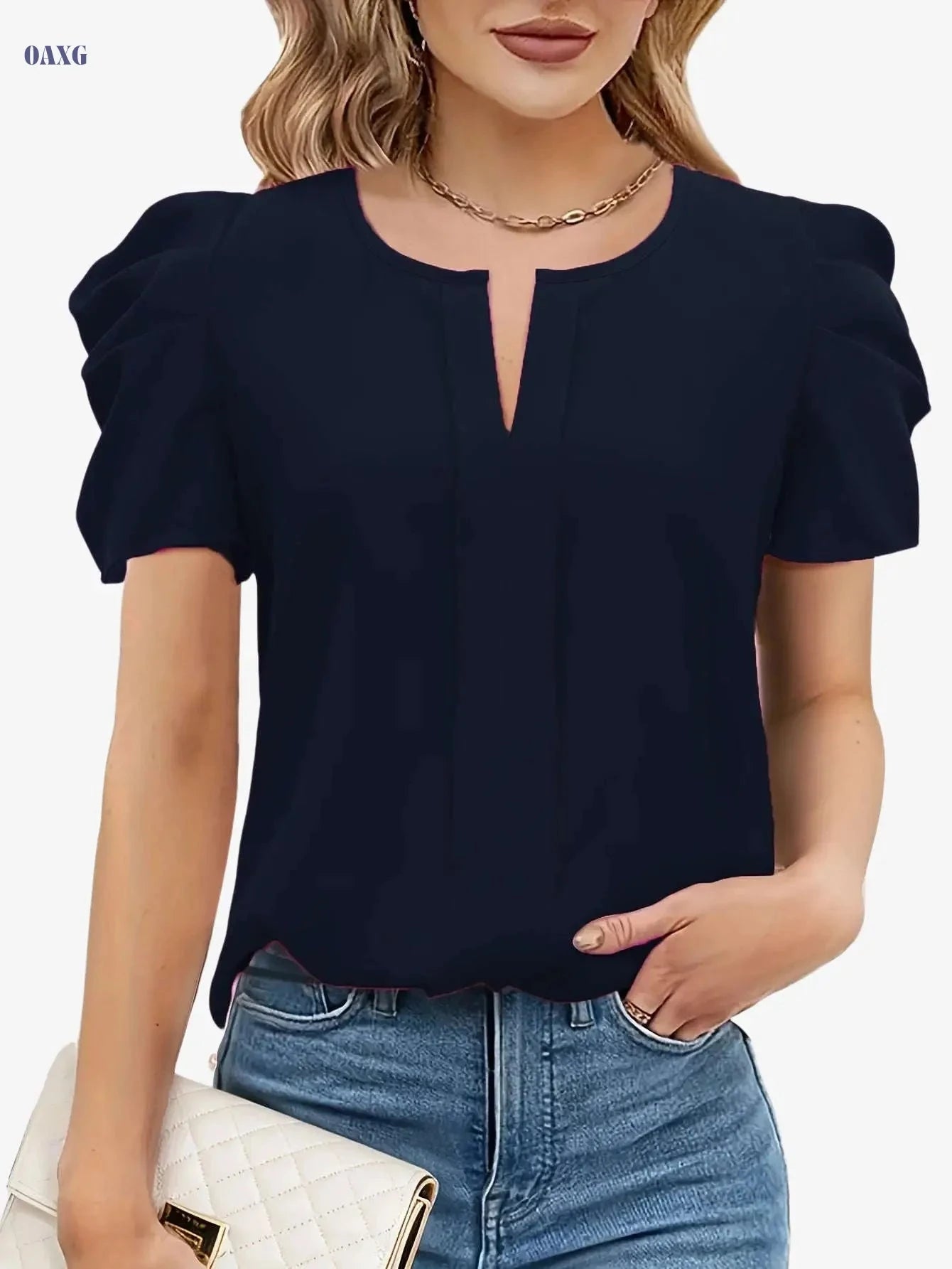 Elegant Summer Women's Blouse - Notched Collar & Puff Sleeves   OAXG 