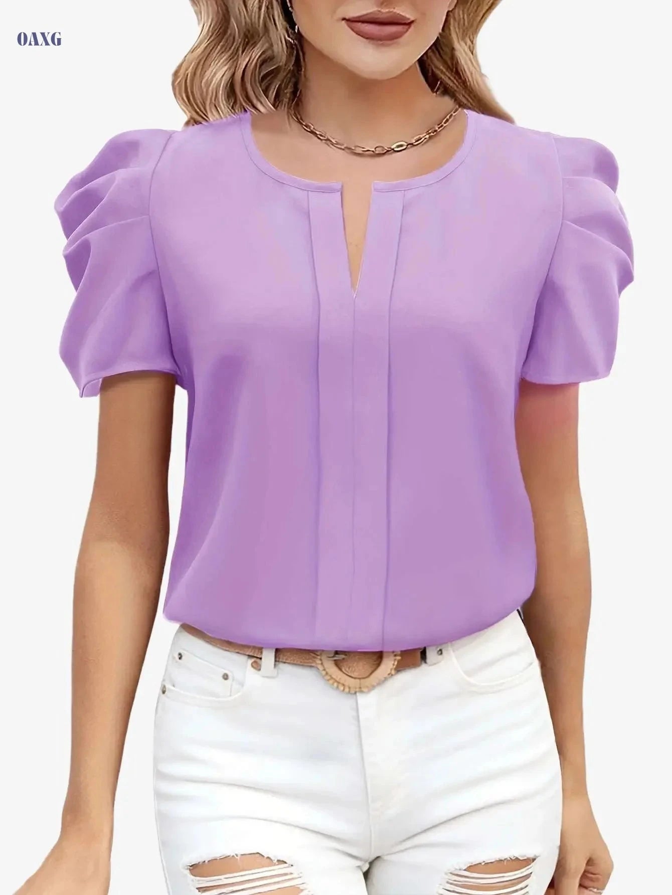 Elegant Summer Women's Blouse - Notched Collar & Puff Sleeves   OAXG 