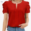 Elegant Summer Women's Blouse - Notched Collar & Puff Sleeves   OAXG Red / S