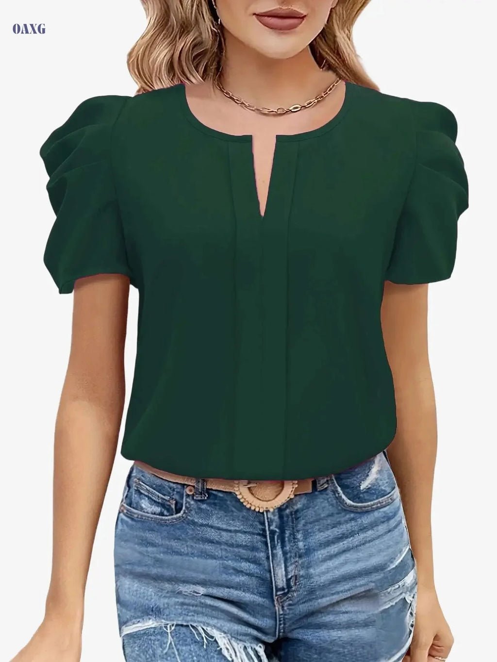 Elegant Summer Women's Blouse - Notched Collar & Puff Sleeves   OAXG Red / S