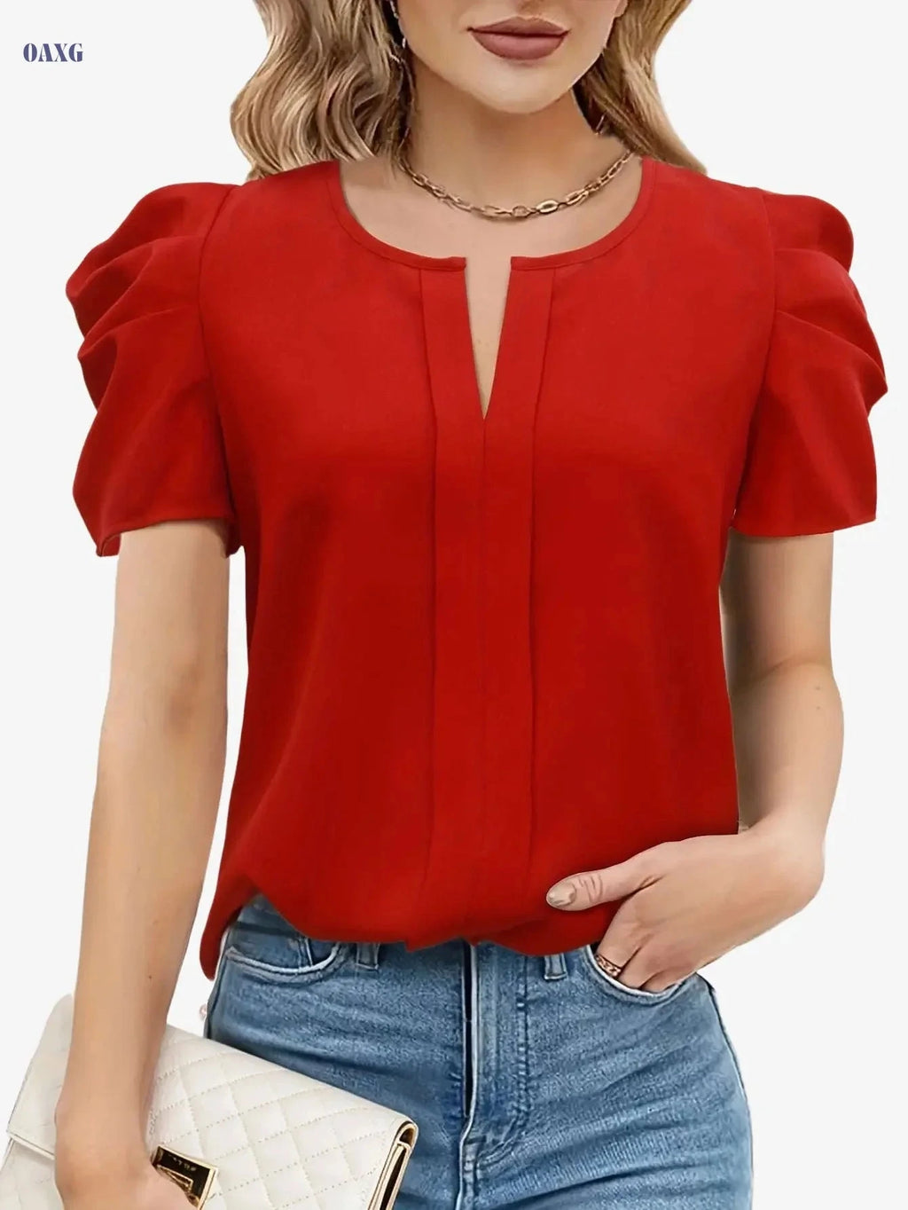 Elegant Summer Women's Blouse - Notched Collar & Puff Sleeves   OAXG 