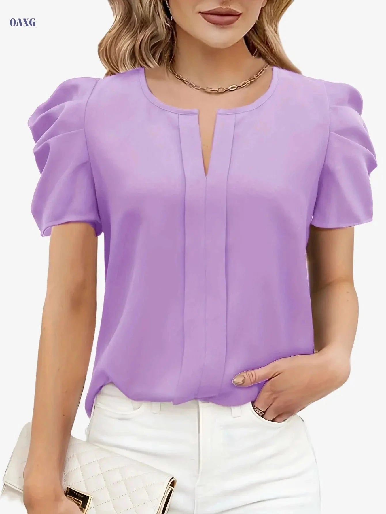 Elegant Summer Women's Blouse - Notched Collar & Puff Sleeves   OAXG 