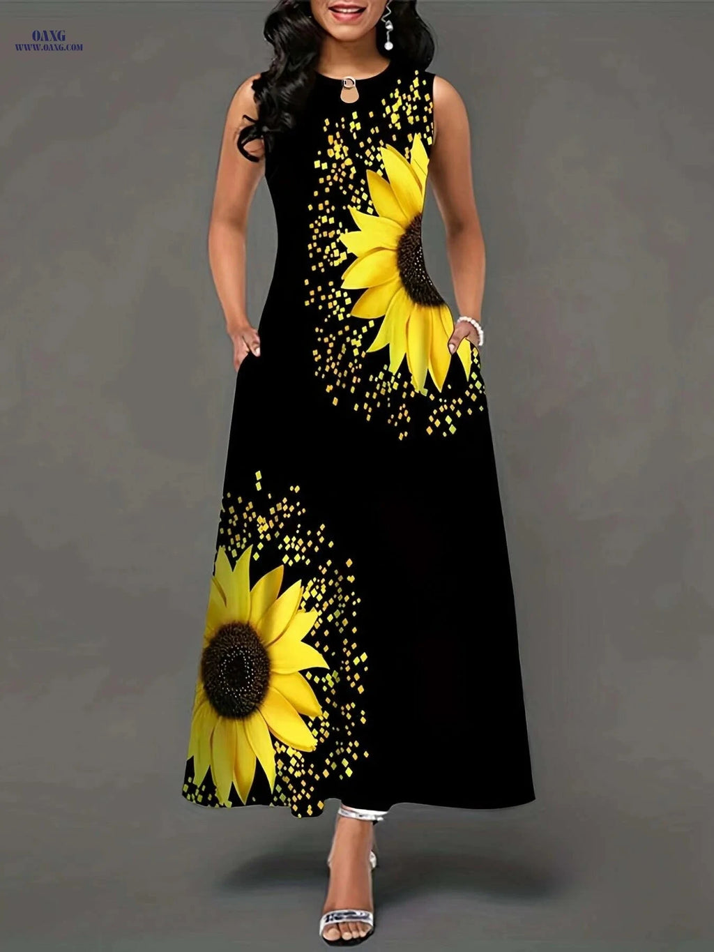 Elegant Sunflower Print Keyhole Dress - Women's Sleeveless Maxi Dress   OAXG Black / S