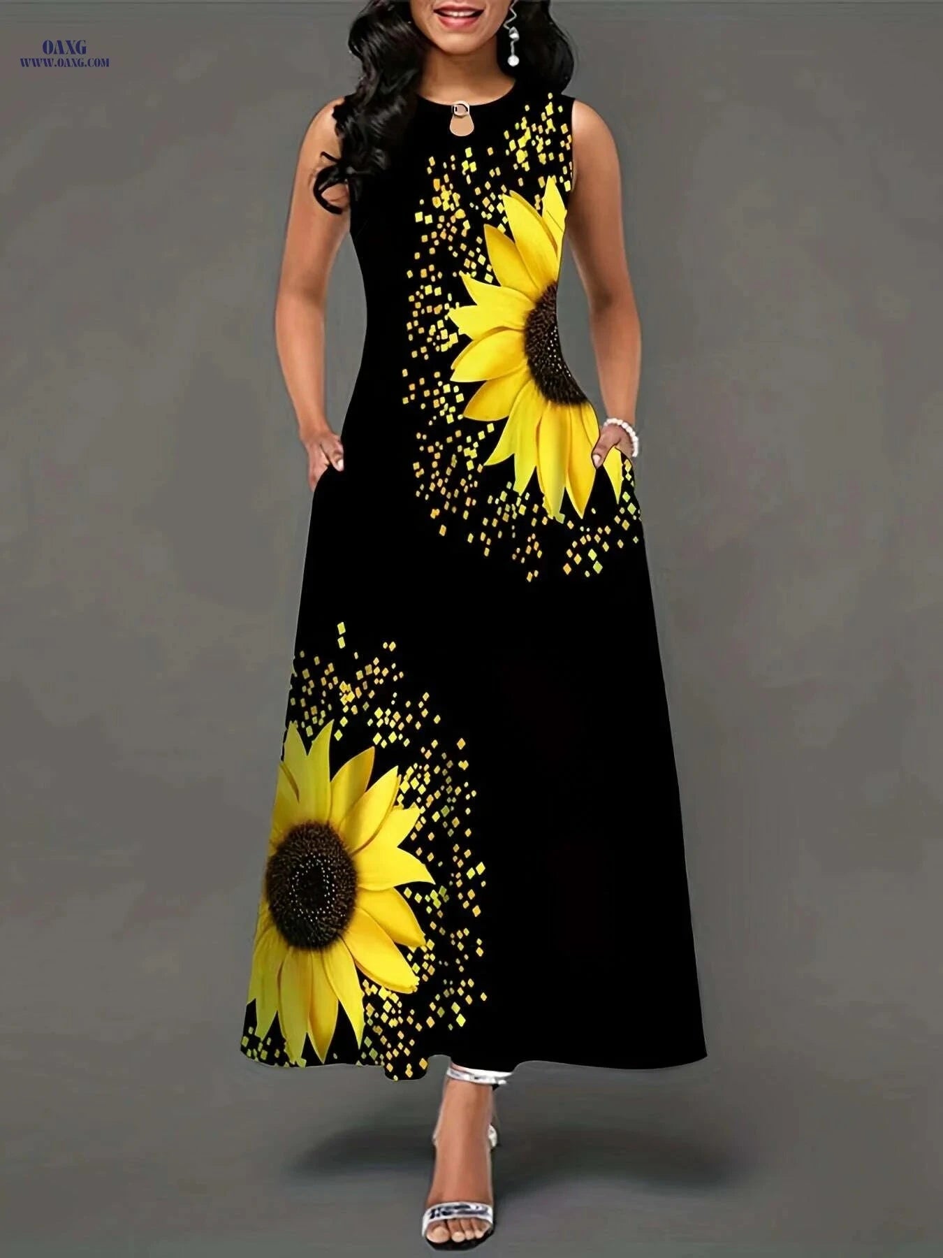 Elegant Sunflower Print Keyhole Dress - Women's Sleeveless Maxi Dress   OAXG Black / S