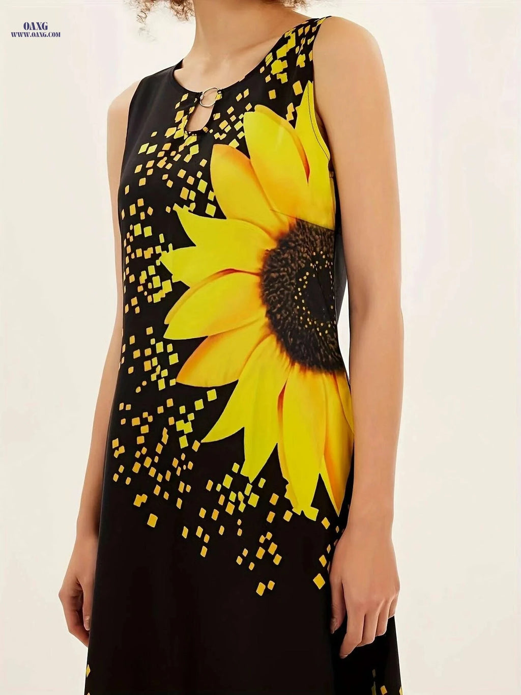 Elegant Sunflower Print Keyhole Dress - Women's Sleeveless Maxi Dress   OAXG Black / S