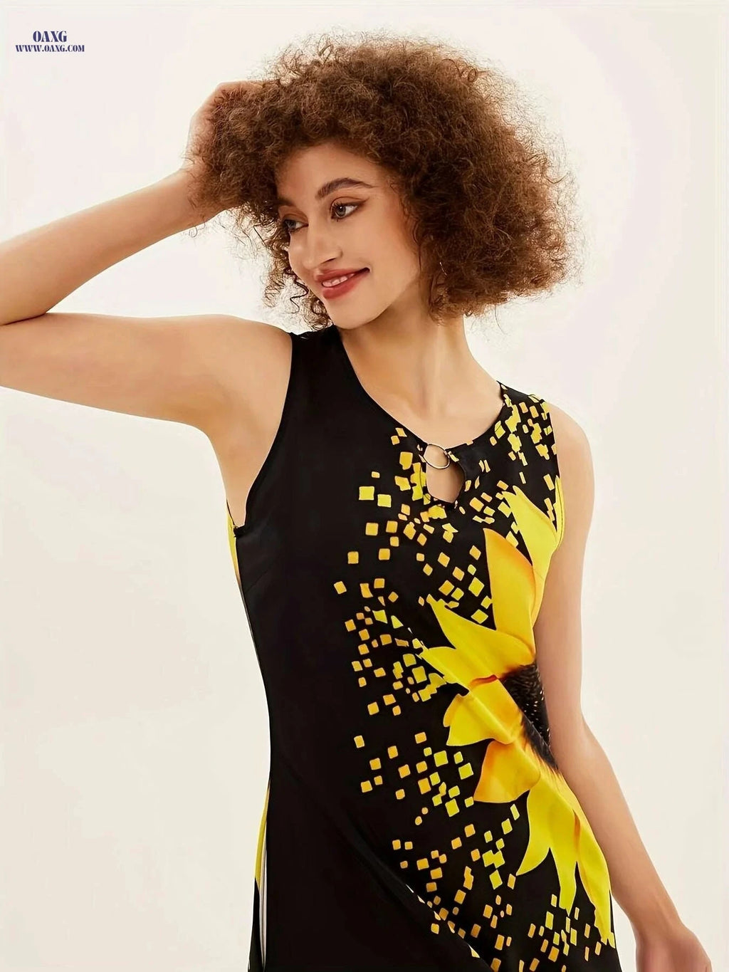 Elegant Sunflower Print Keyhole Dress - Women's Sleeveless Maxi Dress   OAXG Black / S