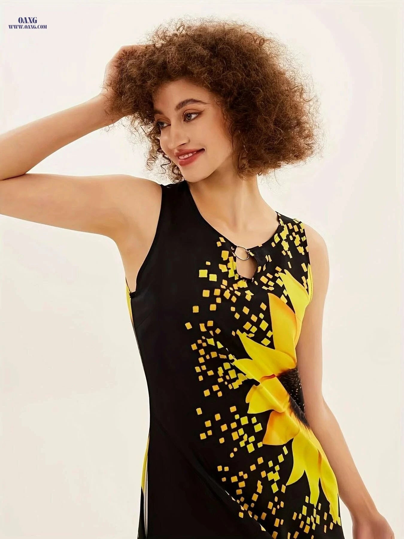 Elegant Sunflower Print Keyhole Dress - Women's Sleeveless Maxi Dress   OAXG Black / S