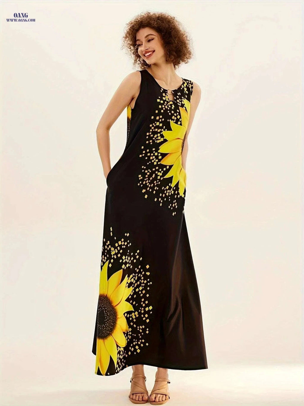 Elegant Sunflower Print Keyhole Dress - Women's Sleeveless Maxi Dress   OAXG Black / S