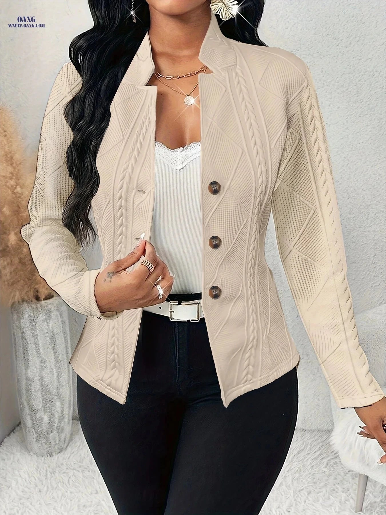 Elegant Textured Fabric Waist-Cinching Blazer - Buttoned Style   OAXG Rose Red / M
